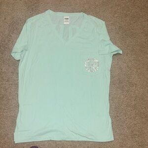VS Pink Mint V-Neck Pocket Tee with Embellished Pocket Sequins